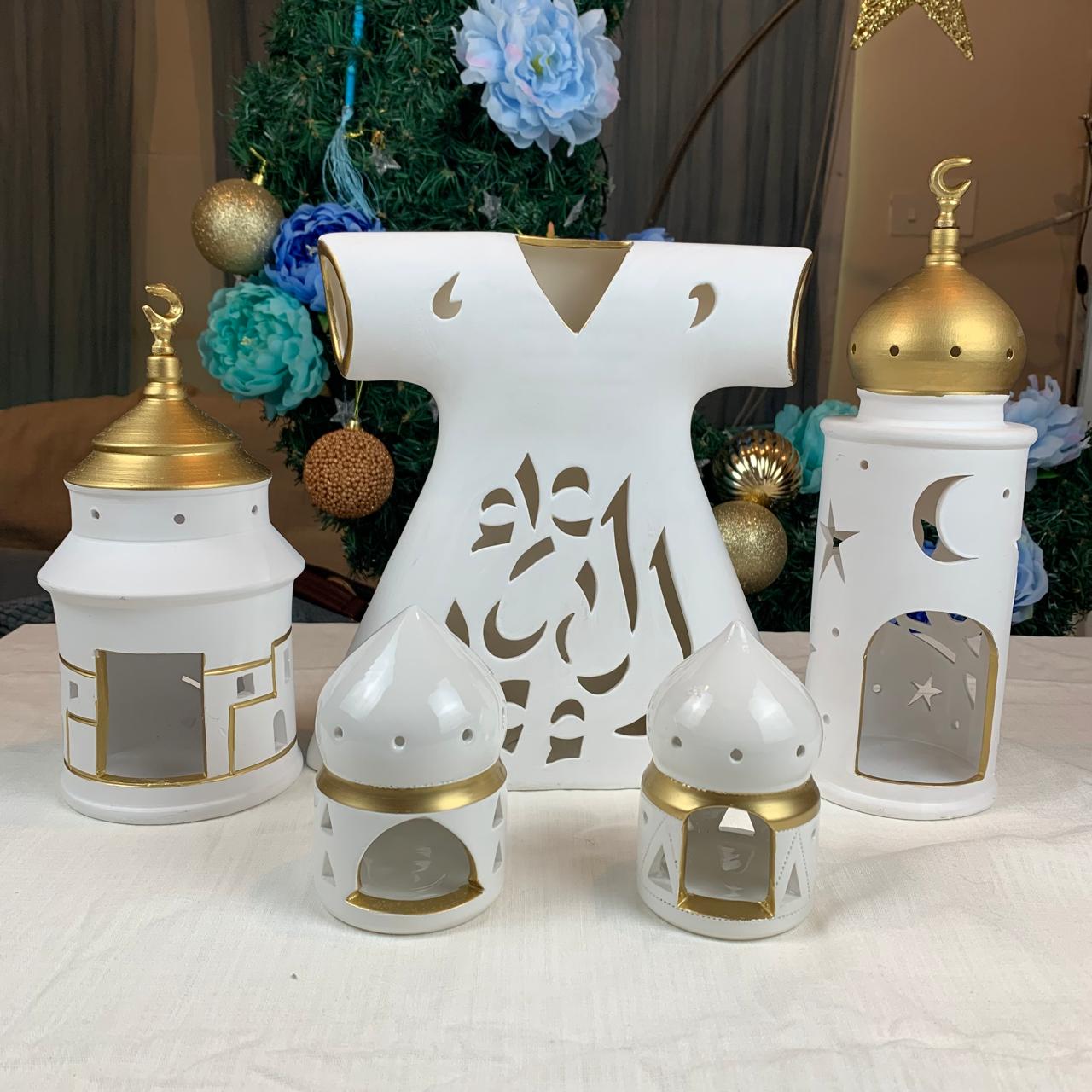 Ceramic Asian Minaret - White & Gold - Alhamdulilah