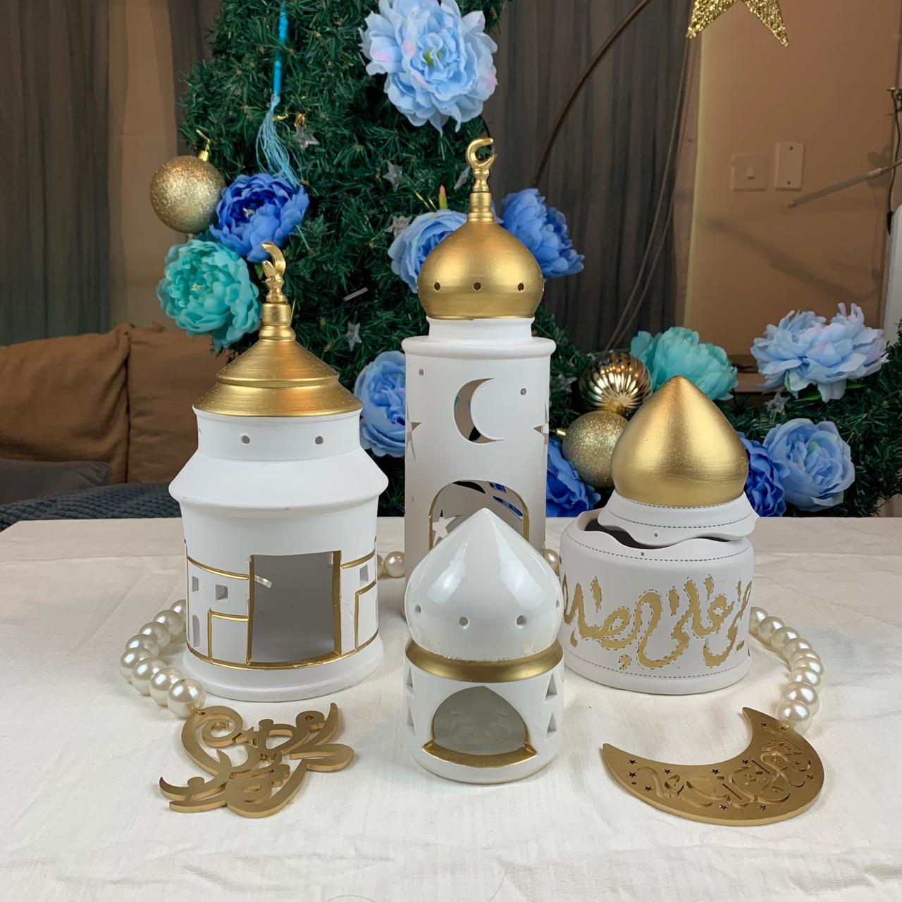 Ceramic Glazed Asian Minaret - White & Gold Village