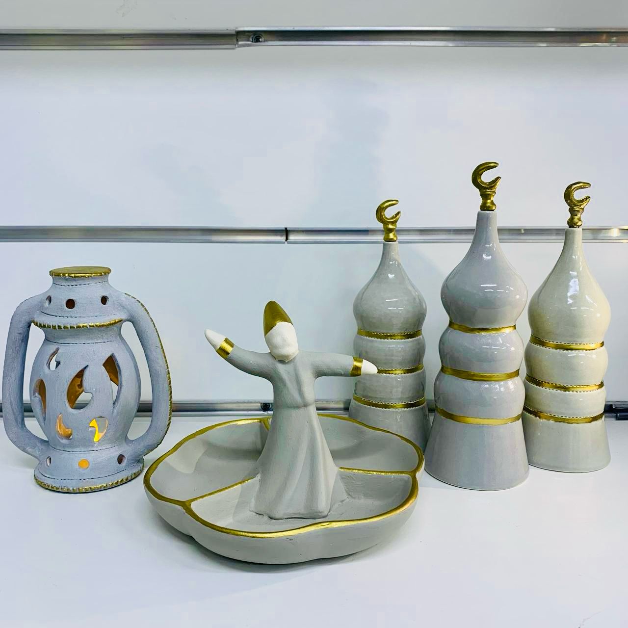 Small Lantern with Candle holder - Grey & Gold