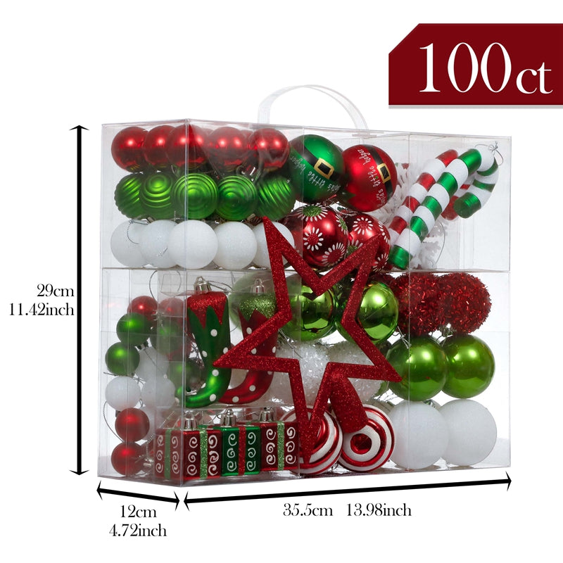 Red Green and White Christmas Ornaments - 100 Piece Set