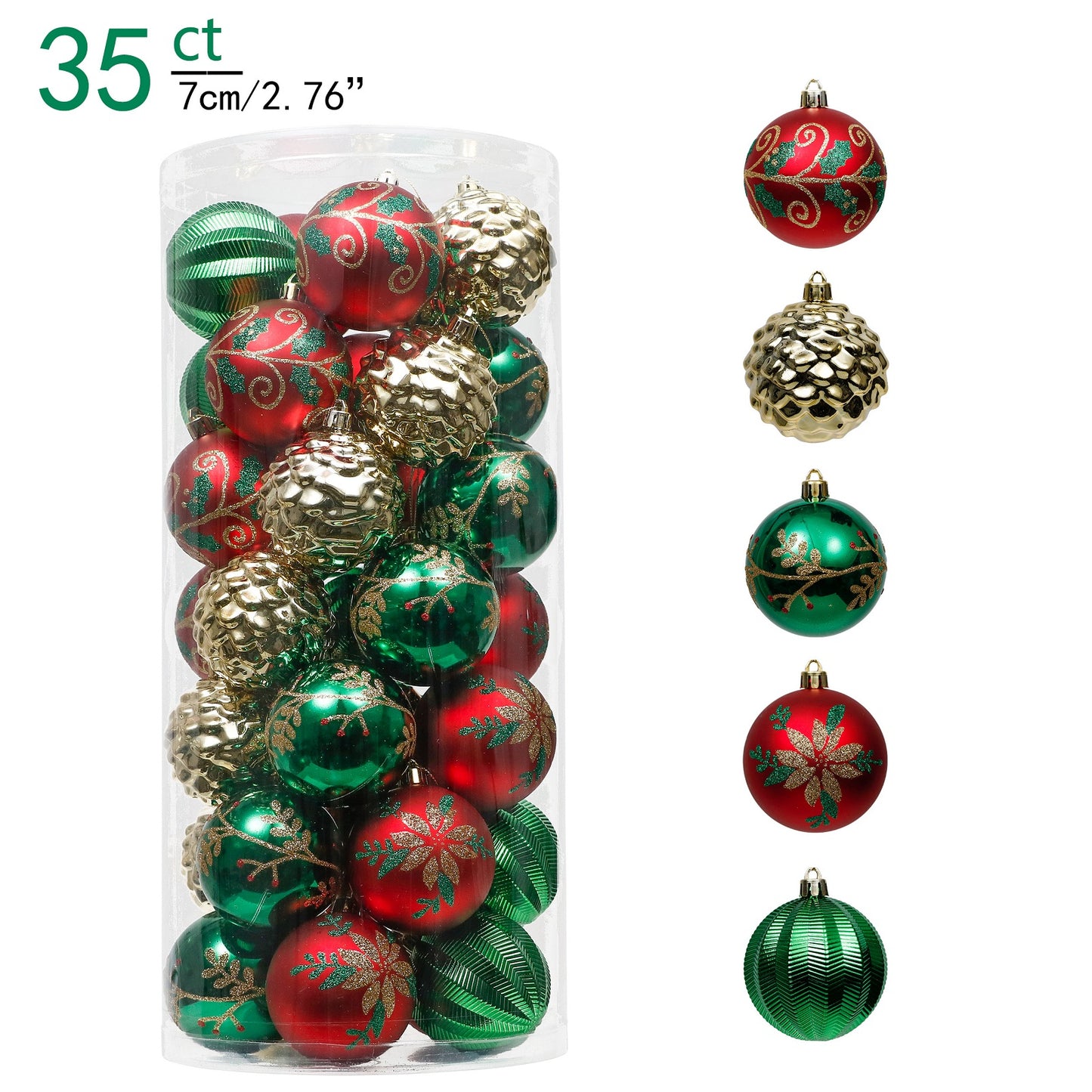 Red, Green, and Gold Christmas Ornaments - 35 pieces 7cm