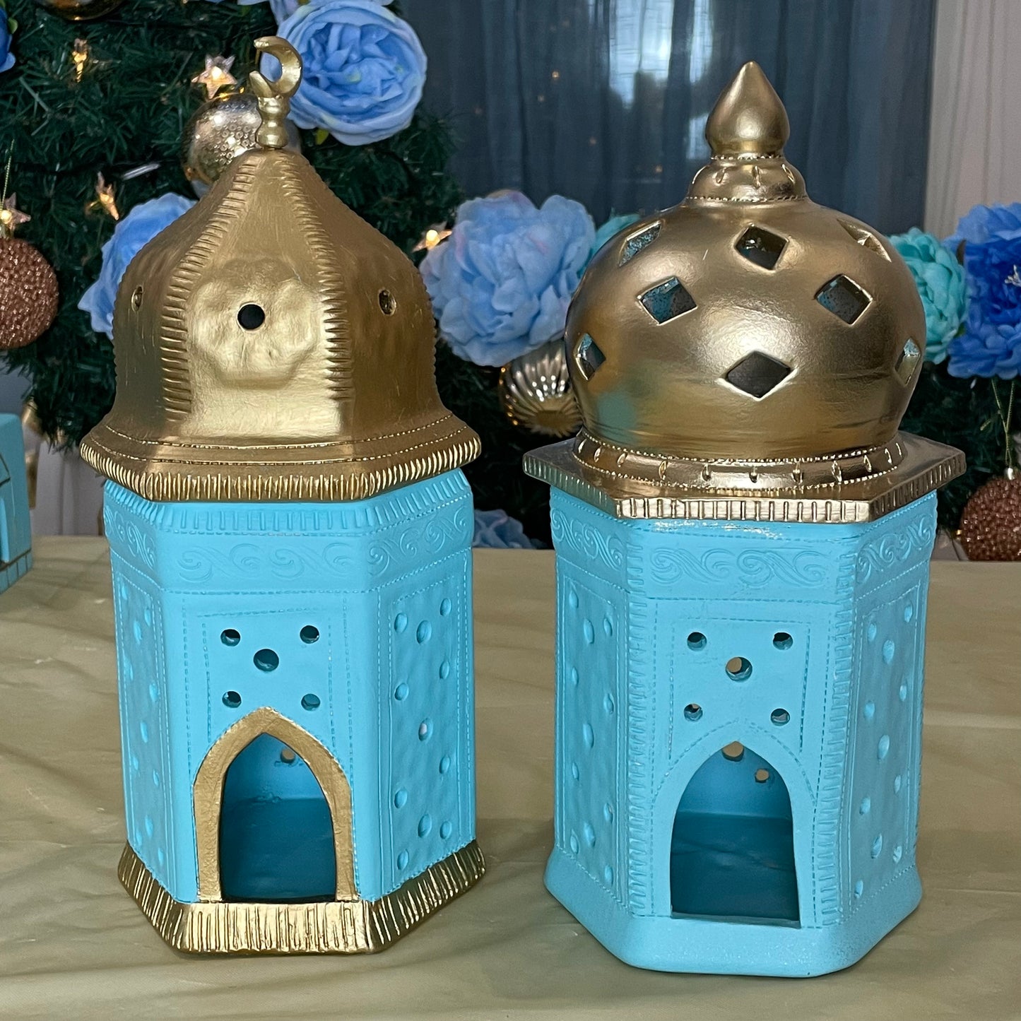 Ibrahimi six sided Clay Lantern - Blue & Gold