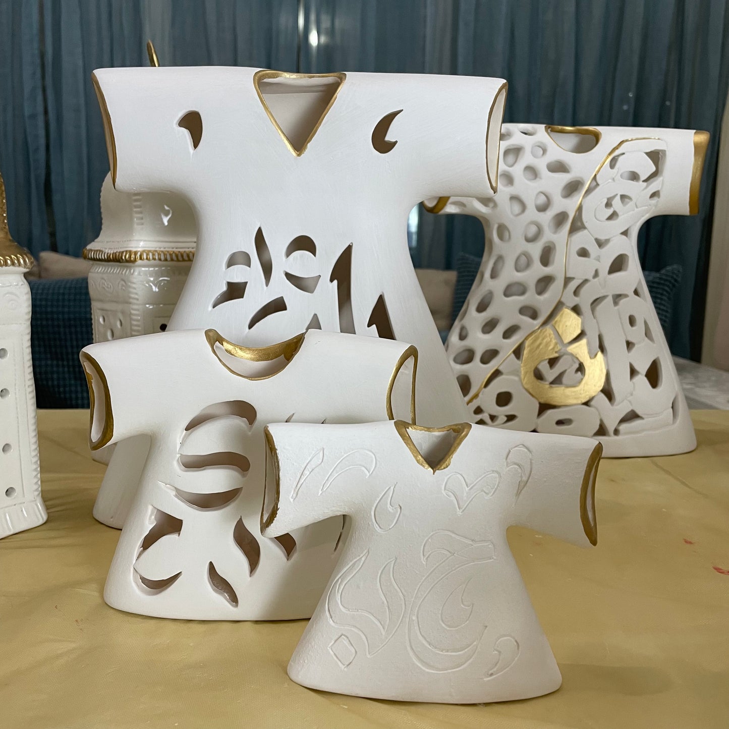 White & Gold Handmade Clay Kaftan - Large