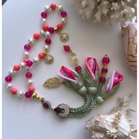 Rosary - Pearl , Coral and Agate -Roses