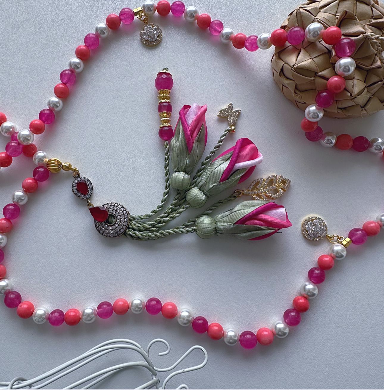 Rosary - Pearl , Coral and Agate -Roses