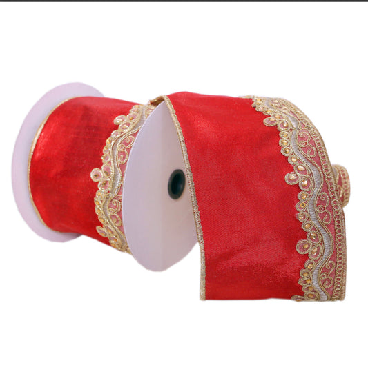 Red with Gold Embroidery Ribbon