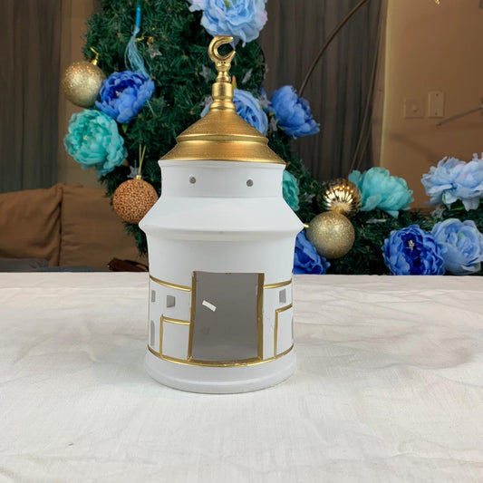 Ceramic Glazed Asian Minaret - White & Gold Village