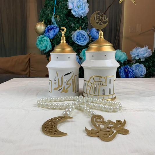 Ceramic Glazed Asian Minaret - White & Gold Village