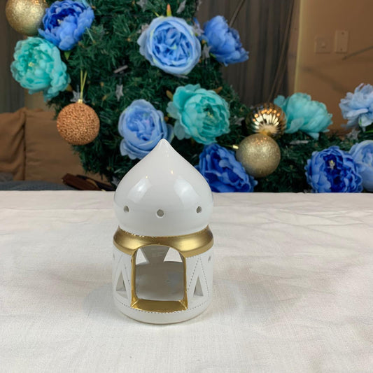 Al Amal Ceramic Glaze White & Gold candle holder