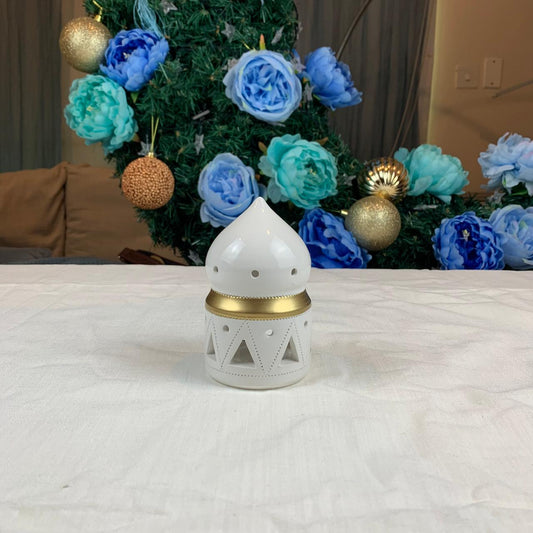 Al Amal Ceramic Glaze White & Gold candle holder