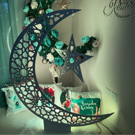Large Wooden Floor Ramadan Crescent - Silver