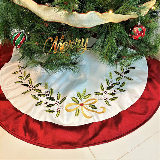 White and Red Embroidered Tree Skirt - 127cm