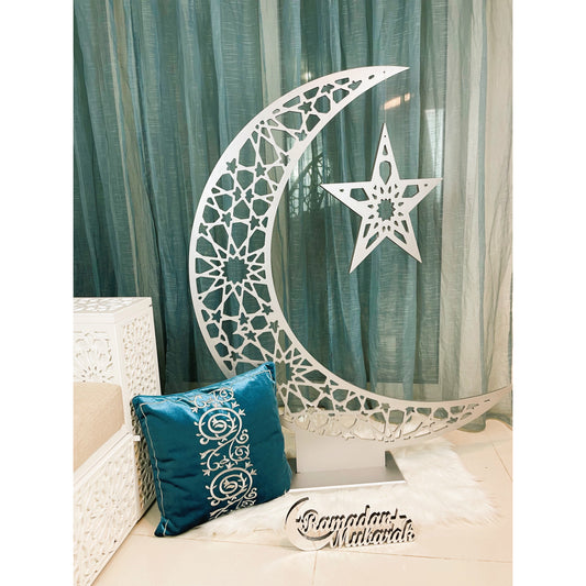 Large Wooden Floor Ramadan Crescent - Silver
