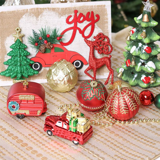Red, Gold and Green Camper Car and Tree Christmas Ornaments - 60 Pieces