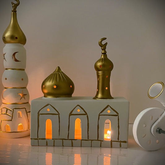 White & Gold Handmade Clay Mosque
