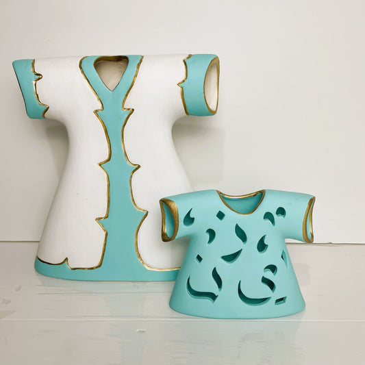 Handmade Clay Kaftan - Blue, White, & Gold - Large