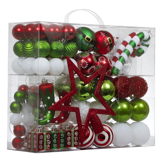 Red Green and White Christmas Ornaments - 100 Piece Set
