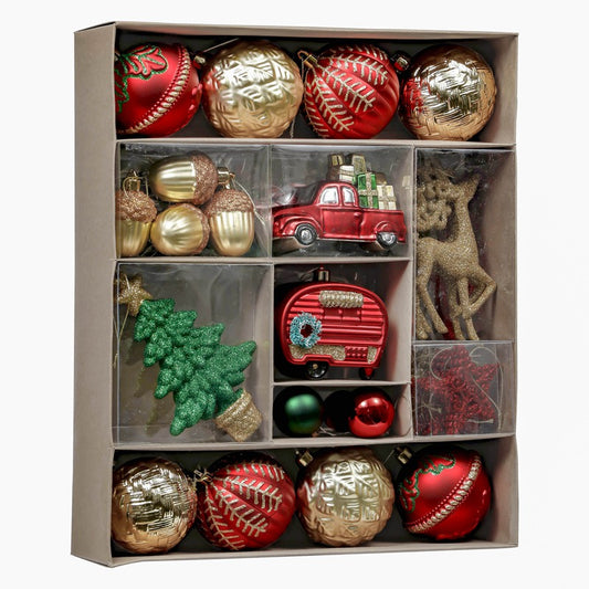 Red, Gold and Green Camper Car and Tree Christmas Ornaments - 60 Pieces