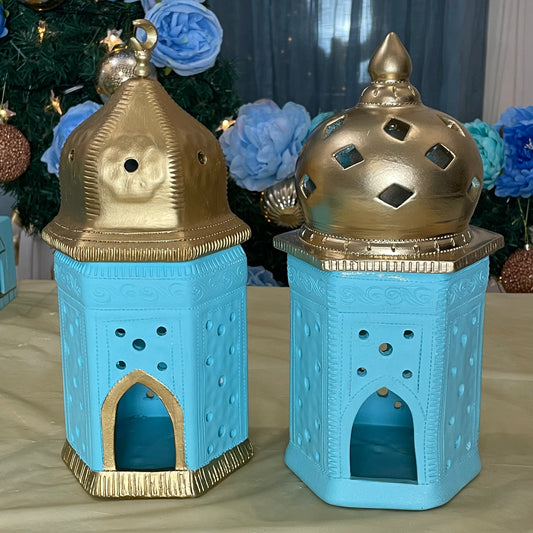 Ibrahimi six sided Clay Lantern - Blue & Gold